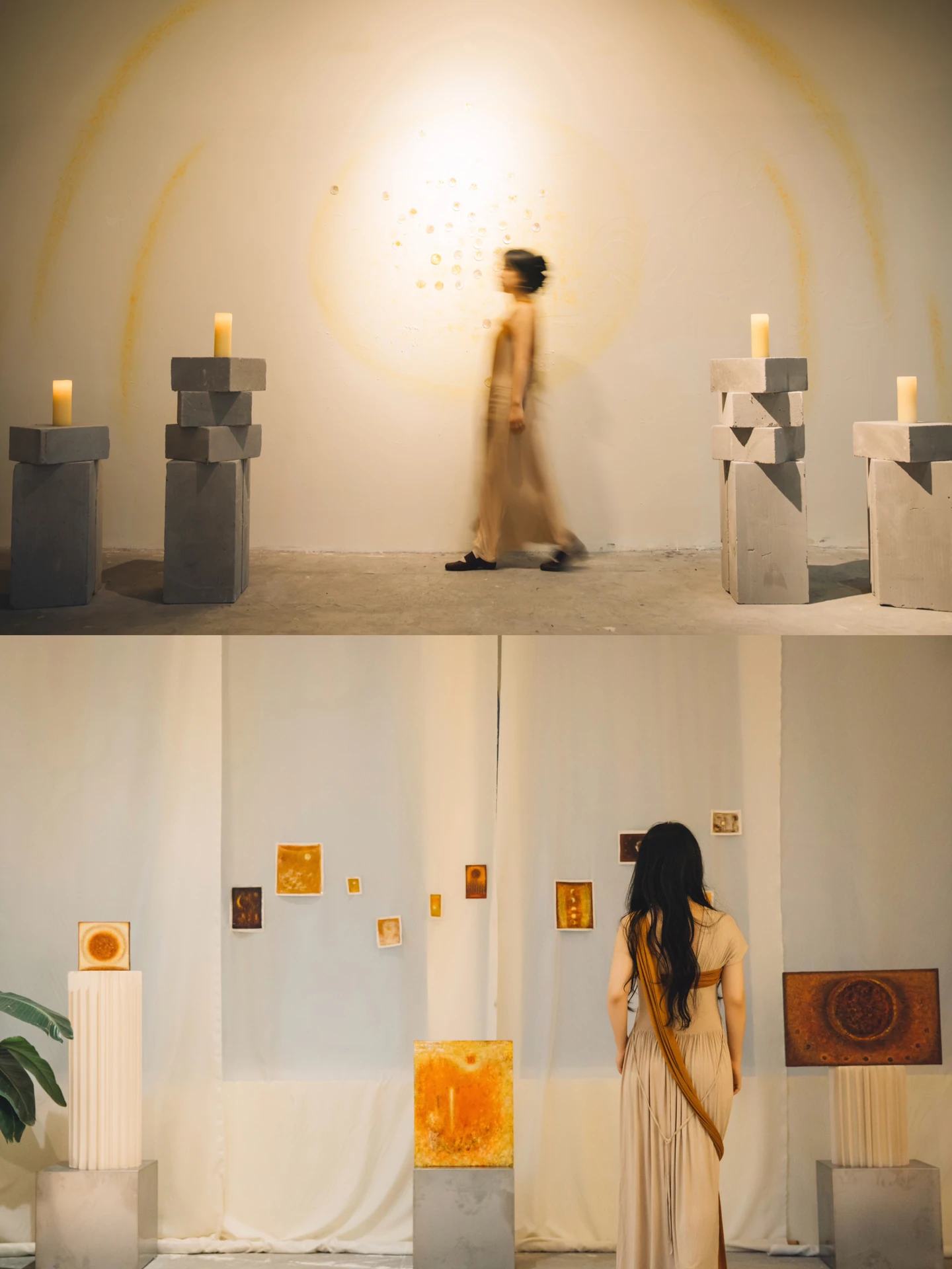 Two views of The Seed Within: Na Xin walking among stacked-block columns, and standing before paintings displayed on a wall and plinths.